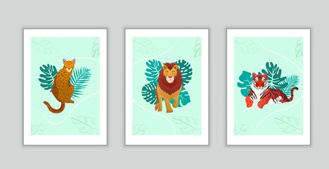 Lion and leaf wild style wall art. Three pieces poster design.Abstract wall art.
Design for cover, poster, brochure, magazine, postcard, flyer, wallpapers. Interior wall decor.