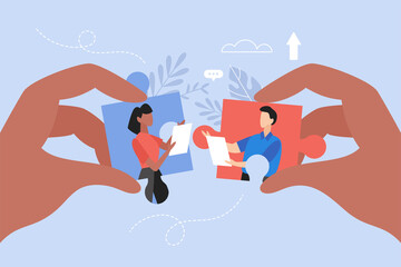 Client and developer collaboration business concept. Modern vector illustration of people connecting puzzle elements - obrazy, fototapety, plakaty