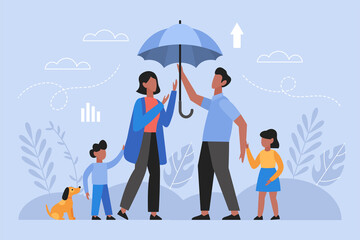 Family health insurance concept. Modern vector illustration of husband, wife and children with umbrella protection.