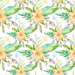 Watercolor tropical seamless pattern with flowers and leaves