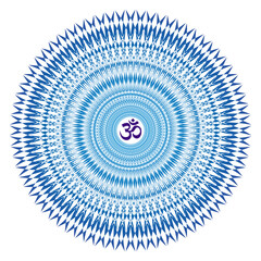 Openwork mandala in blue colors. Aum / Om / Ohm sign in the center. Оbject of rotation. Spiritual and sacred symbol, background. Vector graphics.