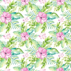 Fotobehang Watercolor tropical seamless pattern with flowers and leaves © DesignToonsy