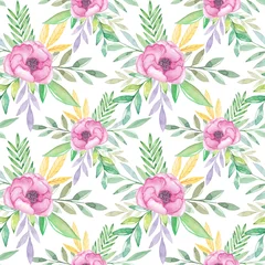 Tuinposter Watercolor pink flowers and leaves seamless pattern © DesignToonsy