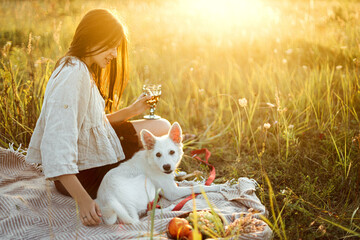 Stylish woman relaxing with glass of wine and white dog on blanket in sunny light in summer meadow