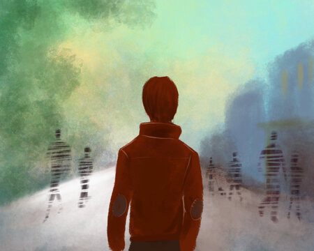 Illusion of the world. Disappearing silhouettes of people. The figure of a man on the street looking at the disappearing images of people.