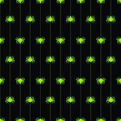 Green spiders on blackbackground seamless pattern. Vector illustration.