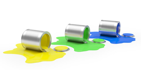 Metal open cans with colorful spilled paint isolated on white background. 3d illustration 