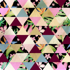 Watercolor floral geometric background. Geometric diamond background