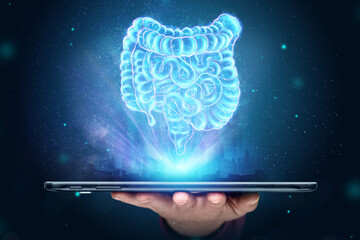 A holographic projection of an intestinal scan over a smartphone. Concept of new technologies, bowel disorder, body scan, digital x-ray, abdominal organs, modern medicine. 3D illustration, 3D render.