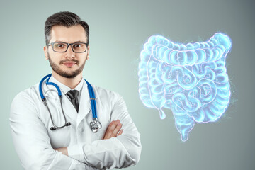 Doctor and holographic bowel scan projection with vital signs and medical records. Concept of new...