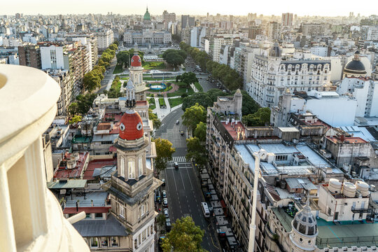 Argentina, Buenos Aires, view on the Plaza del Congreso with in the background the National Congreso. The Argentinian parliament