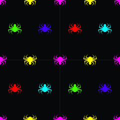 Colorful spiders on blackbackground seamless pattern. Vector illustration.