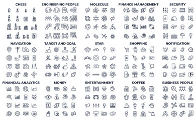 240 modern thin line icons. High quality pictograms. Linear icons set of Coffee, Engineering People, Entertainment, etc symbol template for graphic and web design collection logo vector