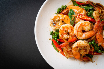 stir fried holy basil with shrimps and herb
