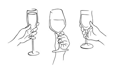 Hand holds a wineglass, Sketch style . Set illustration decoration, design element.