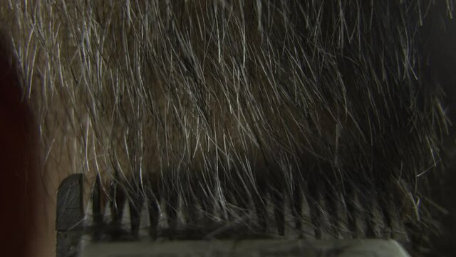 Macro plan of the blades of a hair clipper. The trimmer cuts the hair from the man's head. Slow motion 4K video of a barber in the cabin.