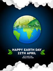 "Happy Earth Day, 22 April" Vector eco illustration for social poster, banner or card for environment safetyWorld map background vector illustration.