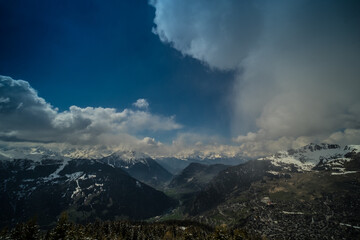 Landscape panoramic view of the ski resort of Verbier, with snowy Alps in the background, shot in Verbier, Bagnes, Valais, Switzerland