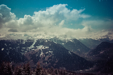 Landscape panoramic view of the ski resort of Verbier, with snowy Alps in the background, shot in Verbier, Bagnes, Valais, Switzerland