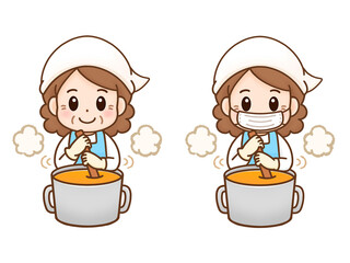 鍋をかき混ぜるおばさんのイラスト素材3