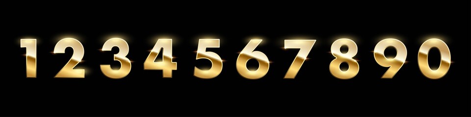 Golden numbers from zero to nine set on black background. Gold one, two, three, four, five, six, seven, eight, nine vector illustration. Colorful numerical signs design for date or anniversary - obrazy, fototapety, plakaty
