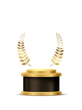 Award trophy with podium and golden laurel. Gold prize on black round podium. Champion glory in competition vector illustration. Hollywood fame in film and cinema or championship in sport