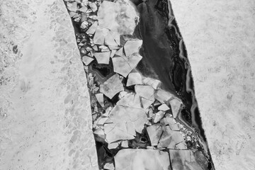 Aerial view of broken layer of ice on Lake Huron near Michigan upper peninsula