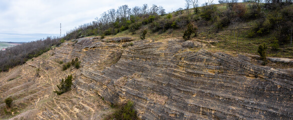 Kishartyán, Hungary - Aerial view about sandstone cave which located in the eastern part of Cserhát Mountains. Popular tourist destination. Hungarian name is Kőlyuk oldal.