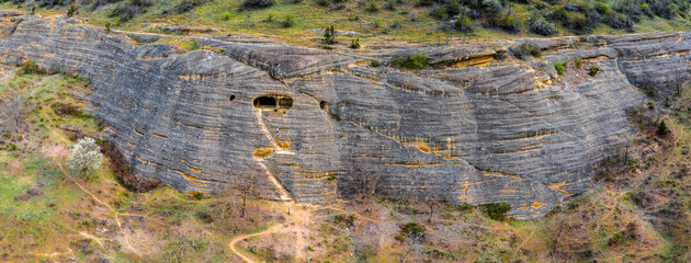 Kishartyán, Hungary - Aerial view about sandstone cave which located in the eastern part of Cserhát Mountains. Popular tourist destination. Hungarian name is Kőlyuk oldal.