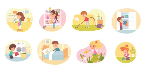 Children helping with housework set. Boys and girls help washing dishes, vacuum cleaning, putting toys and clothes in order, doing laundry, making bed, watering plants vector illustration