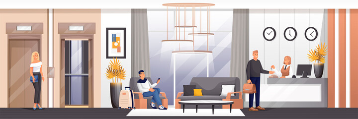 People at hotel lobby and reception scene. Receptionist working at desk, man in armchair, woman waiting for elevator vector illustration. Hall for guests interior design, horizontal panorama