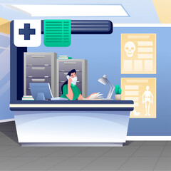 Woman working at receptionist desk in hospital. Medical professional help institution vector illustration. Health care scene, modern interior design. Nurse talking on phone