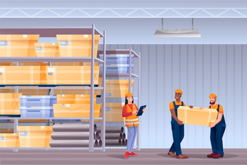 People working in warehouse. Delivery workers in storage hangar interior design panorama. Men carrying box, woman conducting logistics vector illustration. Goods in stockroom in packages