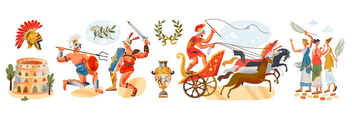 Ancient Roman empire people and elements set. Rome history and culture vector illustration. Gladiators fighting, Colosseum, women, man in cart with horses, amphora on white background