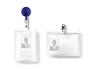 Badges with name or id tag set. Identification cards with lanyard or cord vector illustration. Two plastic mock up templates for conference events, office employee pass on white background