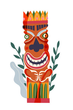 Hawaii aloha traditional totem figure. Tropical summer element of culture. Hawaiian vintage travel poster vector illustration. Wooden statue with face and plant on white background
