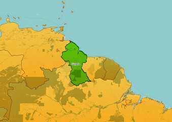 Obraz premium Guyana map showing country highlighted in green color with rest of African countries in brown