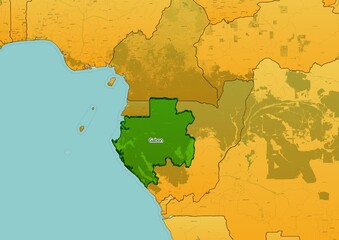Gabon map showing country highlighted in green color with rest of African countries in brown