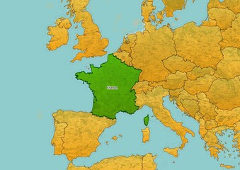 France map showing country highlighted in green color with rest of European countries in brown