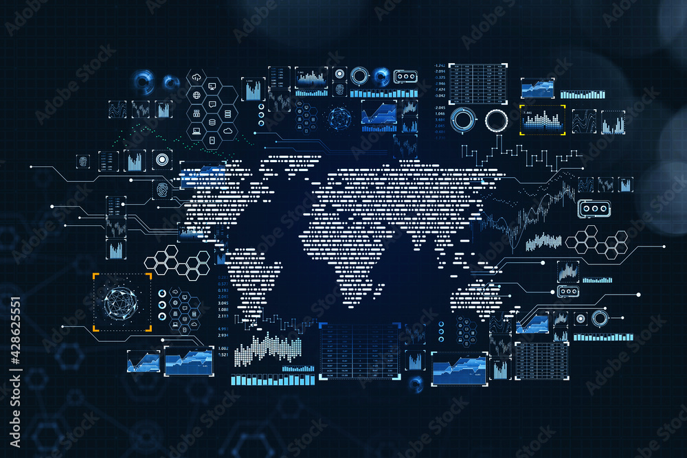 Poster digital world map with network interface and data information