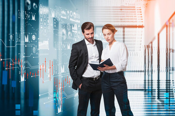 Business people looking at the notebook, graph changes and network icons