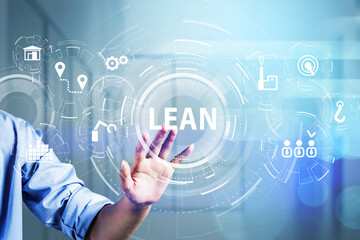 Businessman hand touching digital glass screen to discover lean quality control and manufacturing process management concept in business, six sigma. virtual interface with cogwheels