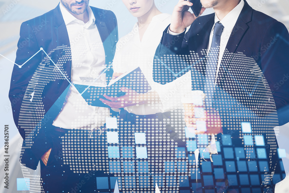 Poster group of business people standing over financial charts and work