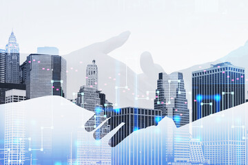 Two businesspeople shake hands after making a good deal. City skyscraper in the background. Forex chart, graph and candlestick in the foreground. Concept of negotiations and business cooperation