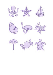 Set of vector fish and sea elements. Contains icons such as Coral reefs, Octopus, Starfish, Crab, Boat, Parasol, Water Turtle, Snorkel, Shell, Seashell. Simple thin line pictograms. 