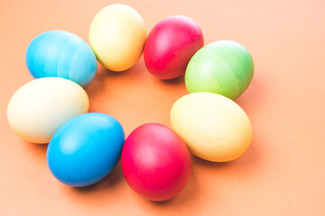 Fototapeta na wymiar Easter eggs and the shape of rabbit ears, on a white background,