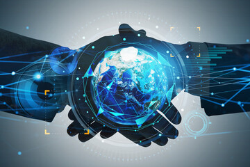 Businesspeople handshake over Earth planet hologram symbolizing worldwide fintech industry at international business. Tech interface. Elements of this image furnished by NASA