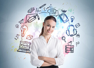 Businesswoman standing arms crossed, formula doodle on blue background