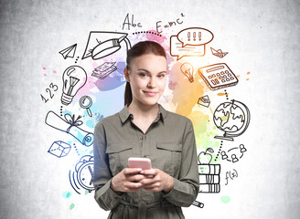 Female student wearing dress is smiling and holding pink smartphone