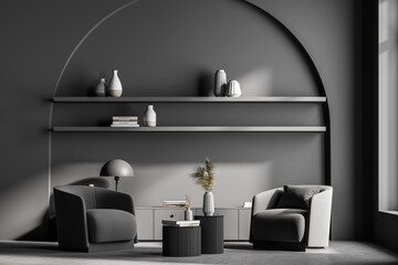 Modern living room interior with two armchairs and bookshelf niche arch, commode, lamp. Reading and relax concept. No people. 3d rendering.